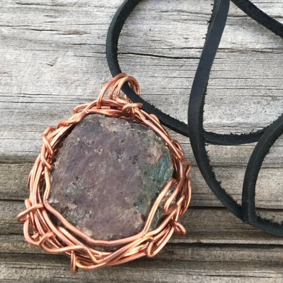 Genuine Ruby Natural Untreated RAW Gemstone Copper Pendant Leather Necklace Boho